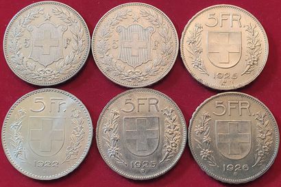 null Suisse. 6 monnaies en argent : 5 Francs 1907, 1908, 1922, 1925 (2 ex.), 1926....