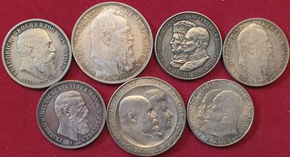 null Allemagne. Etats Germaniques. 7 monnaies argent : Baden 2 Mark 1907, Bavière...
