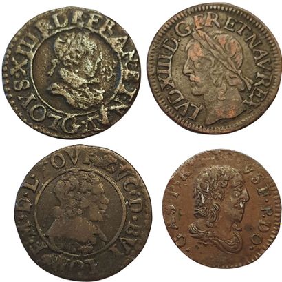 null 4 monnaies : Louis XIII Double Tournois 1621 G, 1642 H, Sedan Double Tournois...