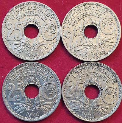 null Lindauer. 4 monnaies : 25 Centimes Cts Soulignés 1914, 1915, 1916, 1917. TTB+...