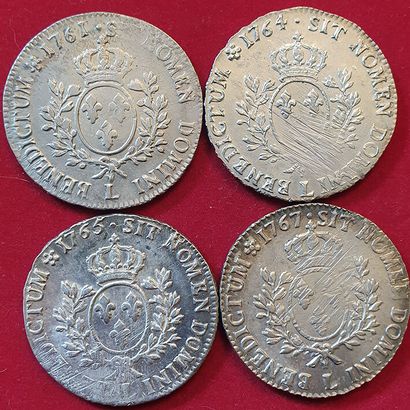 null Royales. Louis XV. 4 monnaies : Ecu au bandeau 1761 L, 1764 L, 1765 L, 1767...