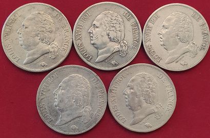 null Louis XVIII. 5 monnaies : 5 Francs 1824A (2 ex.), B, H, Q. TTB à TTB+