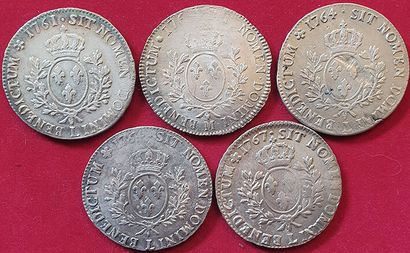 null Royales. Louis XV. 5 monnaies : Ecu au bandeau 1761 L, 176( ?) M (SUP), 1764...