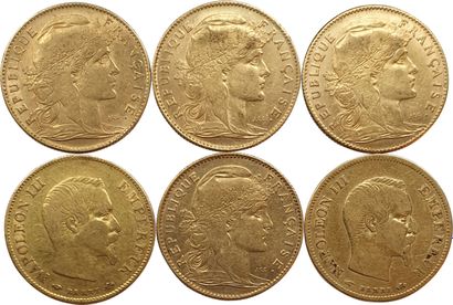 null 6 pièces de 10 Francs : Napoléon III tête nue (2), Coq (4). TB à TTB+