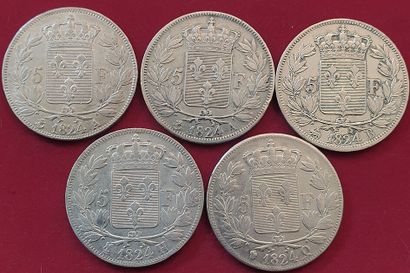 null Louis XVIII. 5 monnaies : 5 Francs 1824A (2 ex.), B, H, Q. TTB à TTB+