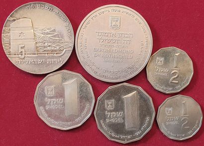 null Israël. 6 monnaies : 5 Lirot 1964 (SUP), Shekel 1982, 84 (SPL), ½ Shekel 1982,...