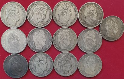 null Louis-Philippe 1er. 13 pièces de 5 Francs, dates et ateliers divers. B+ à T...