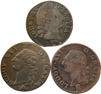 null 3 monnaies : Louis XV Sol d'Aix 1772, Louis XVI Sol 1786 K et Sol 1779 W. T...