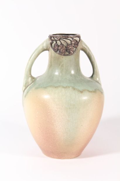 null Vase with handles in flamed stoneware, the neck mounted in silver plated metal...
