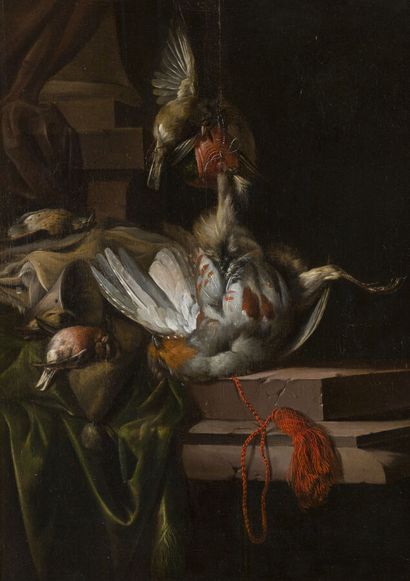 null William Gowe FERGUSON (1632-c. 1695)

Partridge, Sparrow and Thrush on an Entablature

Canvas.

66,5...