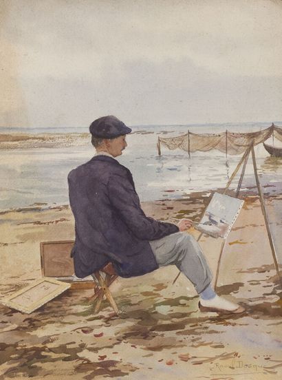 null Raoul DOSQUE (1860-1937)
Autoportrait sur le Bassin d'Arcachon
Aquarelle signée...