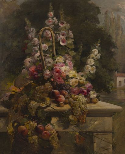 null Félix CARME (1863-1938)
Composition aux roses trémières, pampres et pêche
Huile...