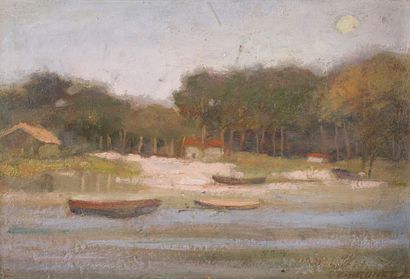 null Émile BRUNET (1869-1943)
Clair de lune sur le Bassin
Huile sur carton signé...
