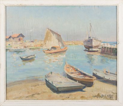 null Louis-Marius GUEIT (1877-1956)
Le Port de Gujan, 1945
Huile sur panneau, signé...