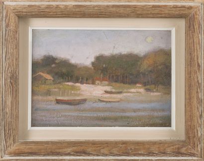 null Émile BRUNET (1869-1943)
Clair de lune sur le Bassin
Huile sur carton signé...
