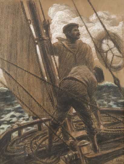 null François ALAUX (1878-1952)
Les marins
Fusain et rehaut de craie blanche signé...