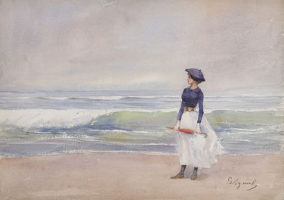null Pierre-Victor-Louis VIGNAL (1855-1925)
Jeune femme se promenant sur la plage,...