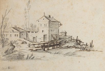 null Aurore DUPIN dite George SAND (1804-1876)
Groupe d'habitations près d'un pont
Dessin...