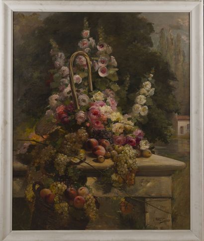 null Félix CARME (1863-1938)
Composition aux roses trémières, pampres et pêche
Huile...