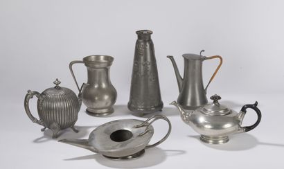 null Six various pieces, including three teapots, Kayserzinn vase.