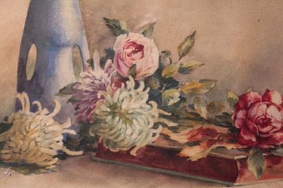 null Madeleine RENAUD (1900-1994)

"Composition with roses, chrysanthemums and vase

Watercolor...