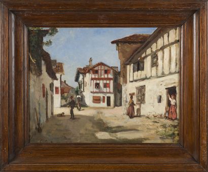 Gustave-Henri COLIN (1828-1910) 
"Rue animée à Ciboure" 
Huile sur toile, signée...