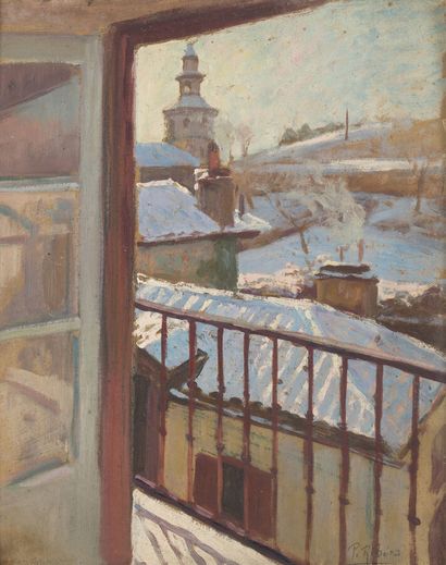  Pierre RIBÉRA (1867-1949) 
"Ciboure sous la neige" 
Huile sur carton, signé en bas...