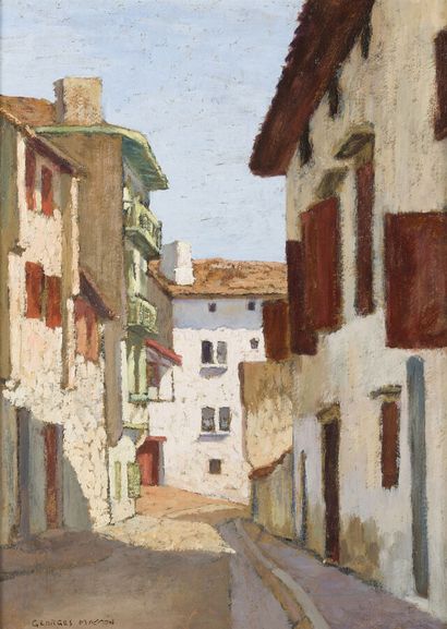  Georges MASSON (1875-1949) 
"Ciboure, la rue Agorette" 
Huile sur carton, signé...