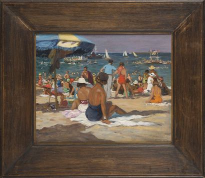  Pierre RIBÉRA (1867-1949) 
"Saint-Jean-de-Luz, la plage animée" 
Huile sur panneau,...