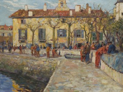  Louis FLOUTIER (1882-1936) 
"Mairie de Saint-Jean-de-Luz avec pêcheurs basques et...