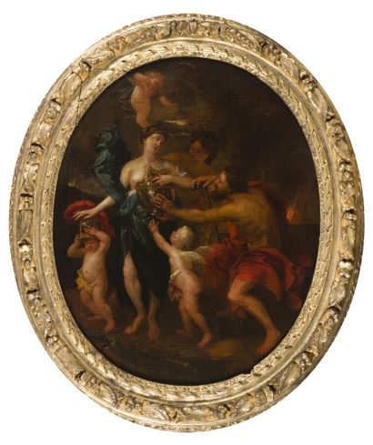 null French school around 1690

Venus receives from Vulcan weapons for Aeneas

Oil...
