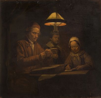 null Ecole du Nord vers 1850

Scène d'intérieur à la lampe, avec une femme lisant...