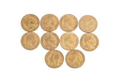 null 10 monnaies : 9 pièces de 10 Francs (Cérès, Napoléon III, Coq), 10 Lire 1863T....