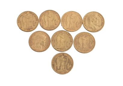 null 8 pièces de 20 Francs : Napoléon III (1 ex.), Génie (6 ex.), Coq (1 ex.). TTB...