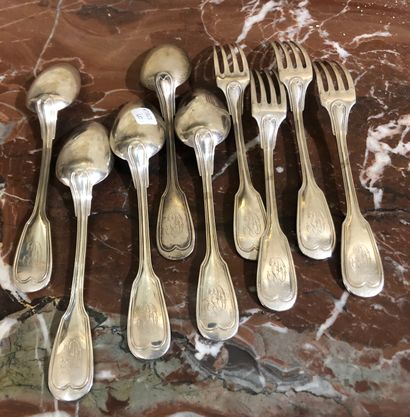 null FIVE SPOONS AND FOUR FORKS IN SILVER MINERVE

950 thousandths, model with figured...