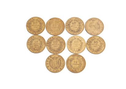 null 10 monnaies : 9 pièces de 10 Francs (Cérès, Napoléon III, Coq), 10 Lire 1863T....