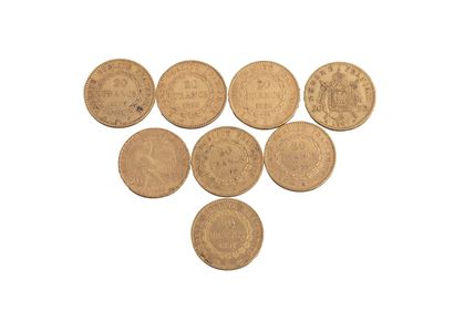 null 8 pièces de 20 Francs : Napoléon III (1 ex.), Génie (6 ex.), Coq (1 ex.). TTB...
