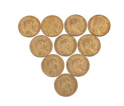 null 10 pièces de 20 Francs : Napoléon III Tête nue (9 ex.), Cérès (1 ex.) TB+ à...