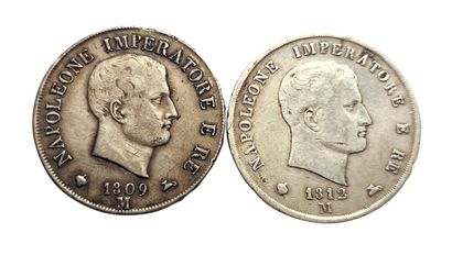 null 1er Empire. Royaume d'Italie. 2 monnaies : 5 Lire 1809 M et 1812 M. TB+