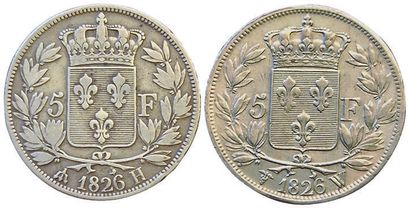 null Charles X. 2 monnaies : 5 Francs 1826 H et 1826 W. TB et TB+