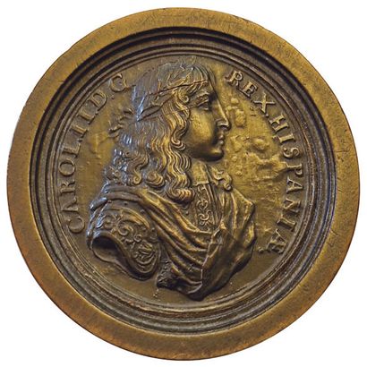 null Louis XIV. Wooden medal. Checkers pawn. R/ Portrait of Charles II King of Spain....