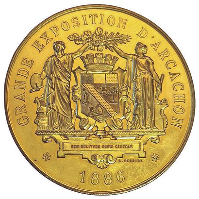 null Medal in gilded copper : Great Exhibition of Arcachon 1886. 68mm. Rare ! SUP...