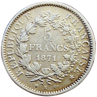 null 5 Francs Hercules 1871 K. Bordeaux. Gad.745. 74609 ex. Rare. VG+.