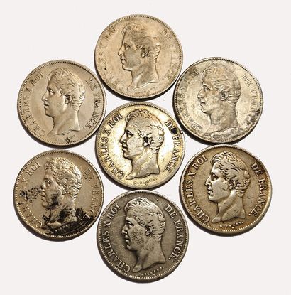 null Charles X. Lot of 7 coins of 5 Francs : 1826 A, 1827 W, 1828 B, 1828 D, 1828...