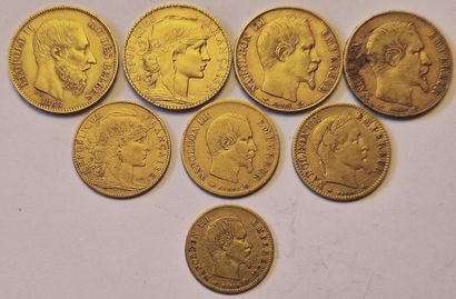 null France and Belgium. 8 coins : Belgium 20 Francs 1868, France 3 x 20 Francs (Nap.III...