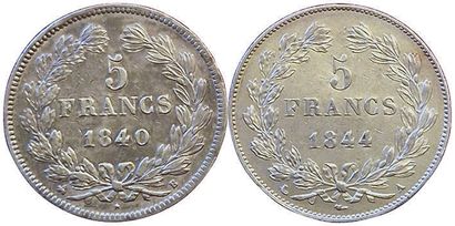 null Louis-Philippe. 2 monnaies : 5 Francs 1840 B et 1844 A. TTB+ et SUP