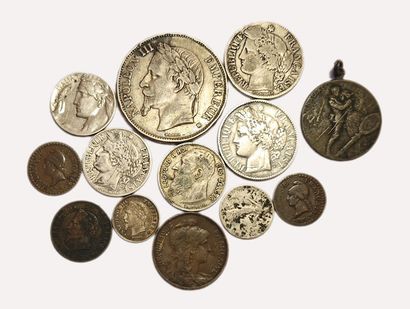 null Lot de 10 monnaies France. 5Frs 1868BB, 2Frs 1871A (2ex. Avec et sans leg.),...