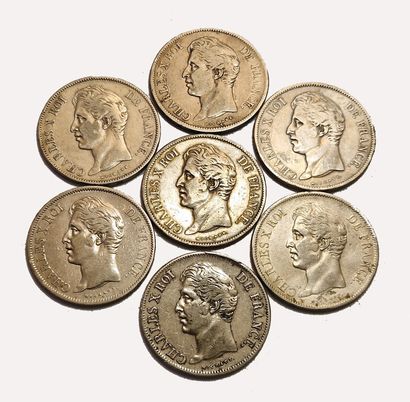 null Charles X. Lot of 7 coins of 5 Francs : 1828 T, 1829 A, 1829 T, 1829 W, 1830...