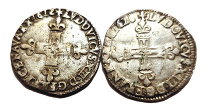 null Louis XIII. Lot of 2 quarter shields 1612 L and 1628 L. TB+.
