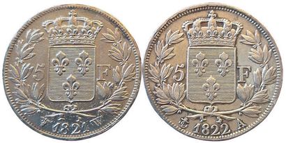 null Louis XVIII. 2 coins : 5 Francs 1821 W and 1822 A. TTB